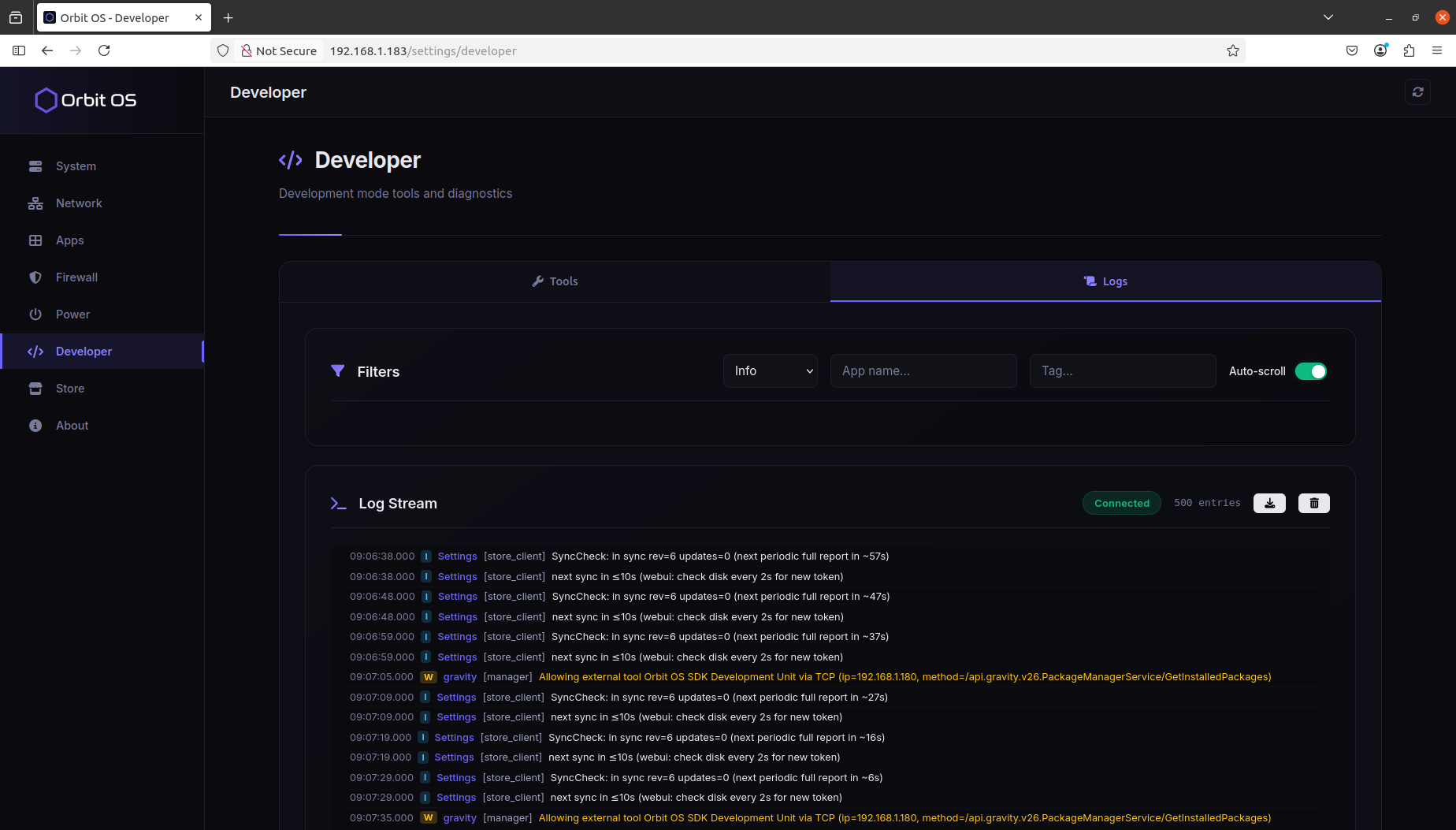 Settings — Developer Logs