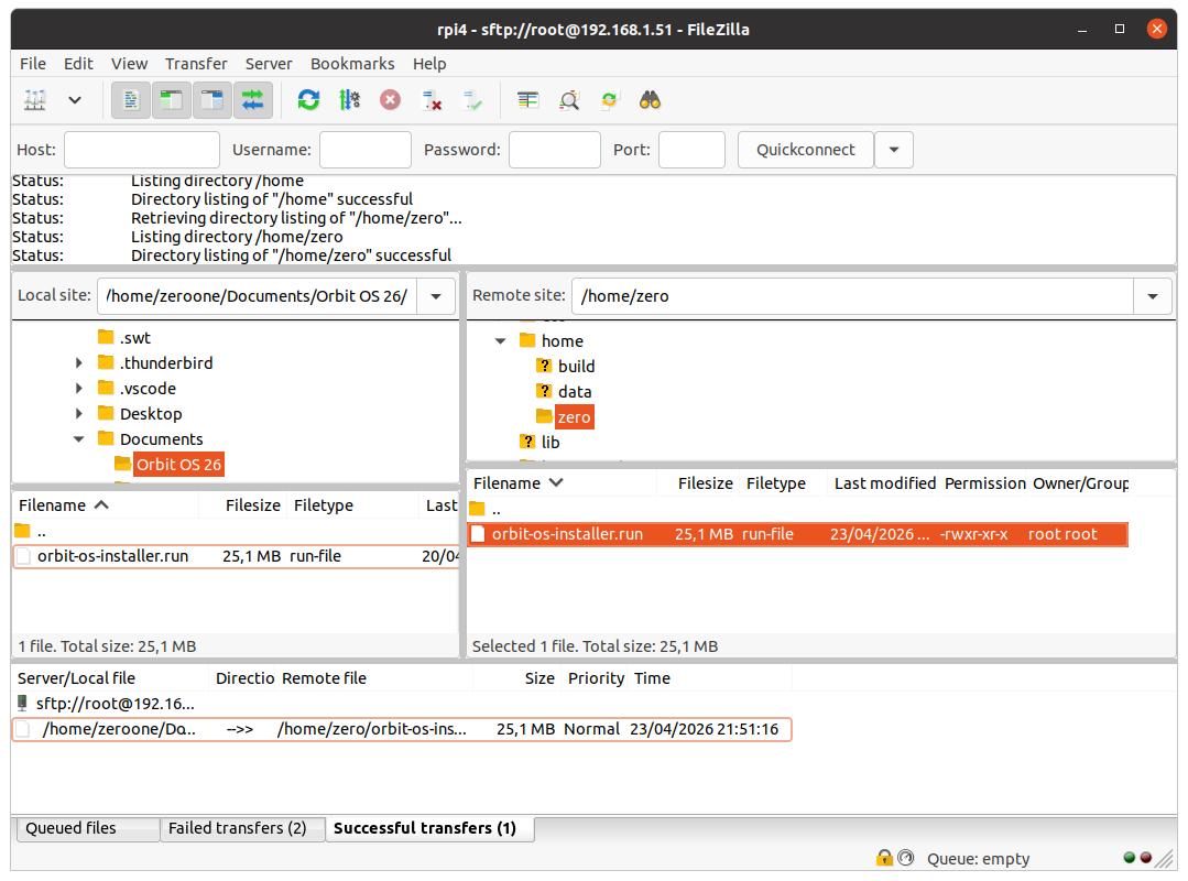 FileZilla — installer file transferred to device home directory
