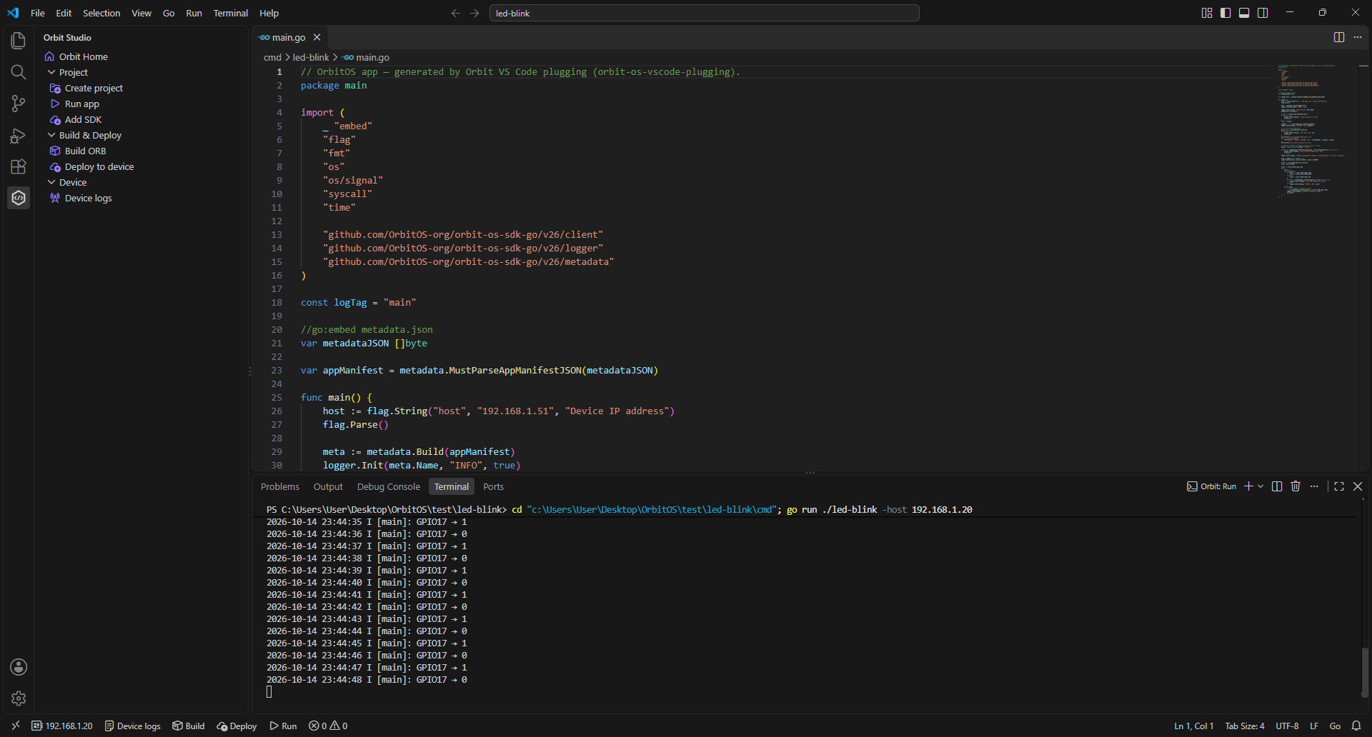 Orbit Studio — GPIO17 blink running, terminal log visible