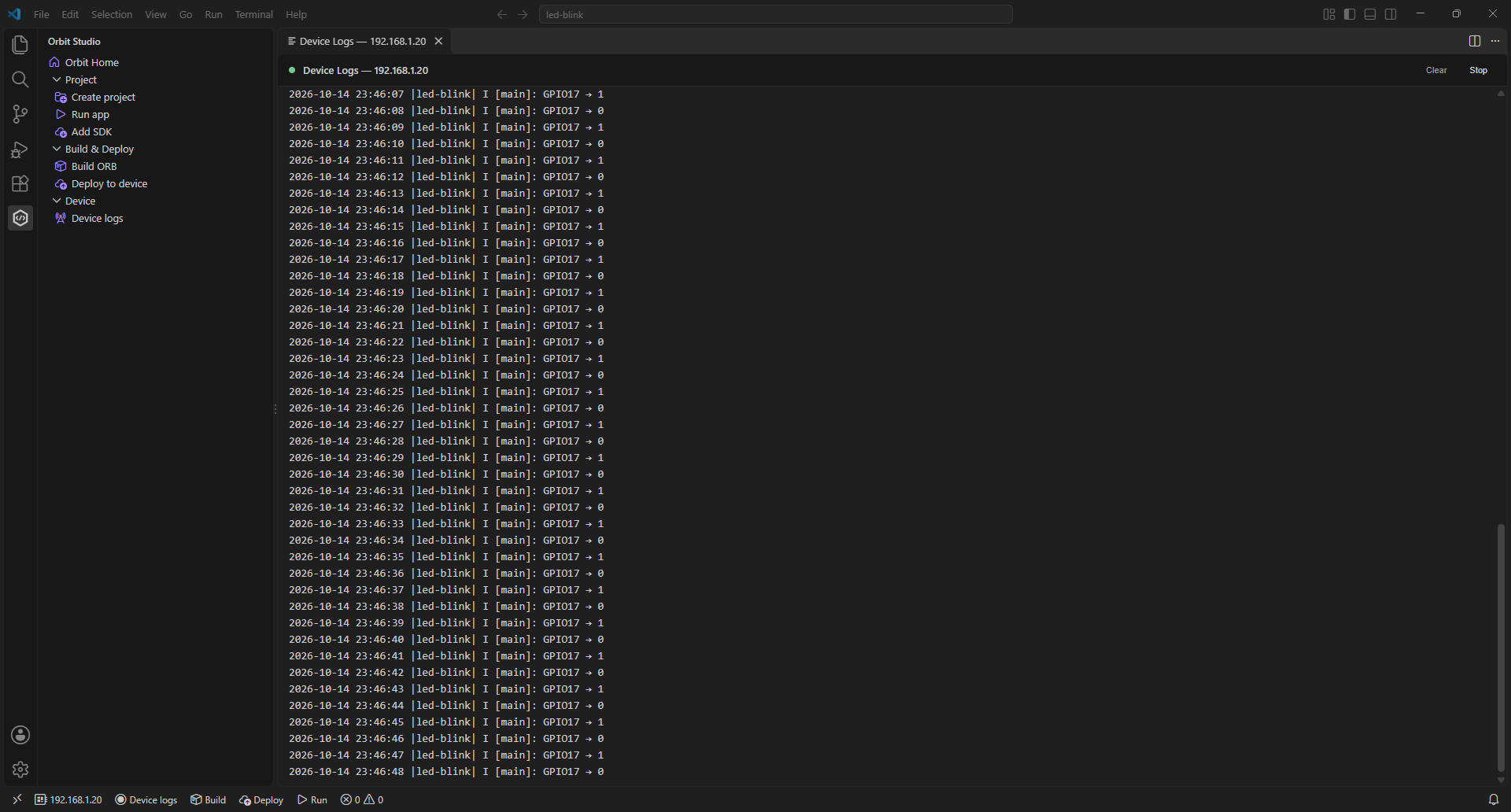 Orbit Studio — Real-time device log in VS Code Output panel